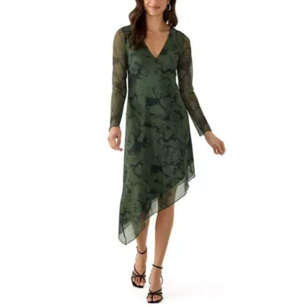 Oak & Trellis Women's Long Sleeve V-Neck Asymmetrical Hem Dress XL, Olive NWT